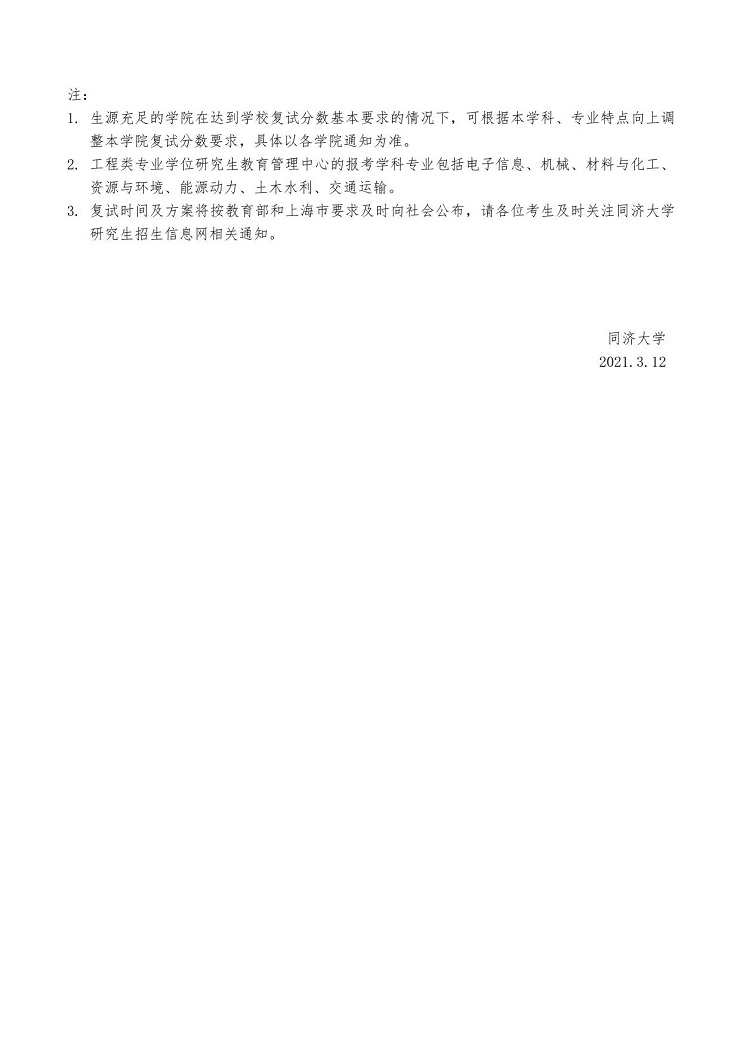 同濟大學(xué)2021年考研復(fù)試分數(shù)線公布！